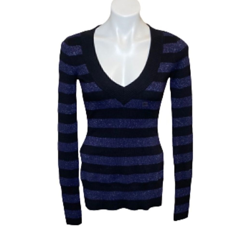 Express NWOT black and metallic blue striped V-neck sweater size M